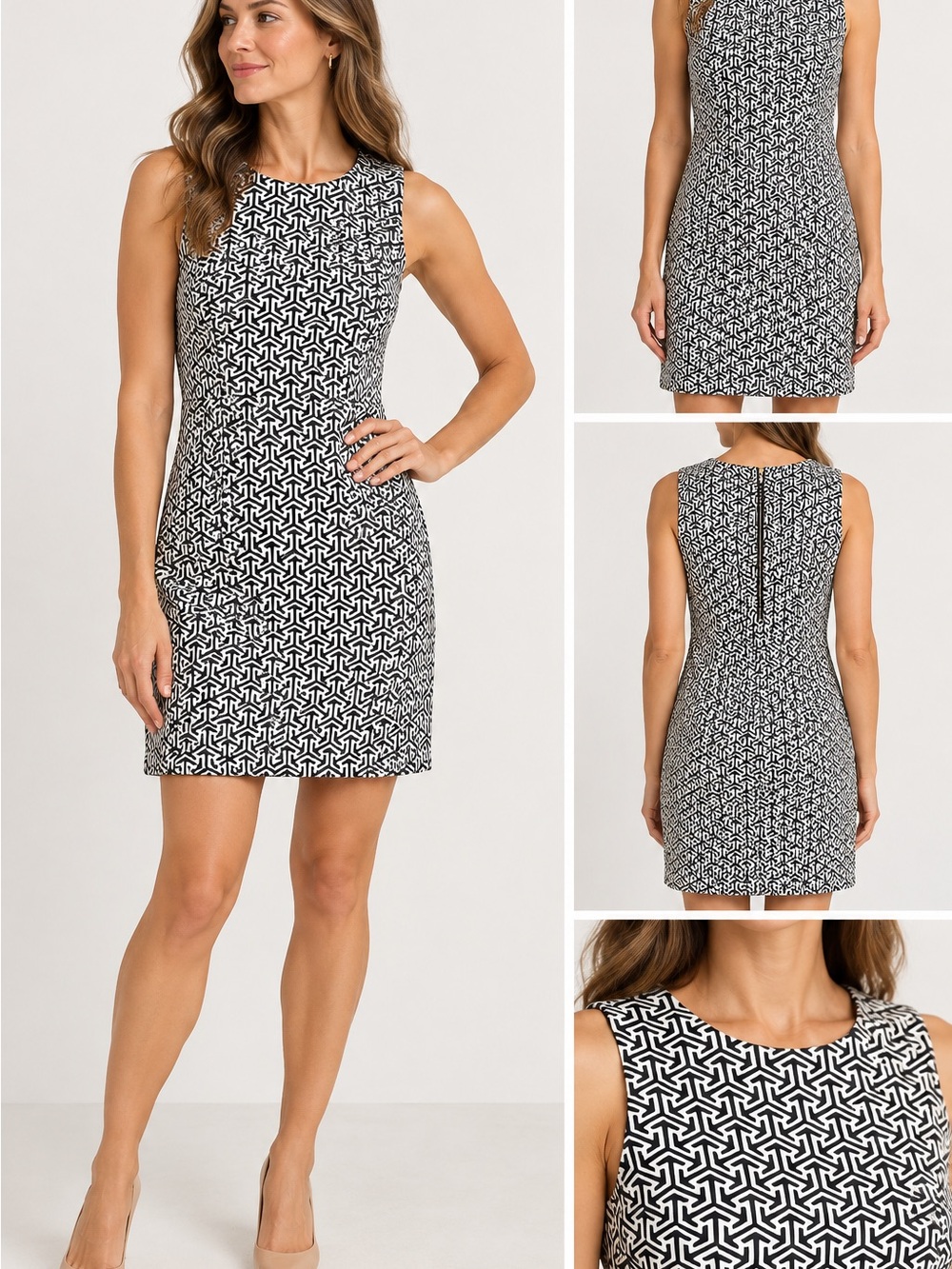 Adrienne Vittadini Black & White Geometric Sleeveless Shift Dress Size 0